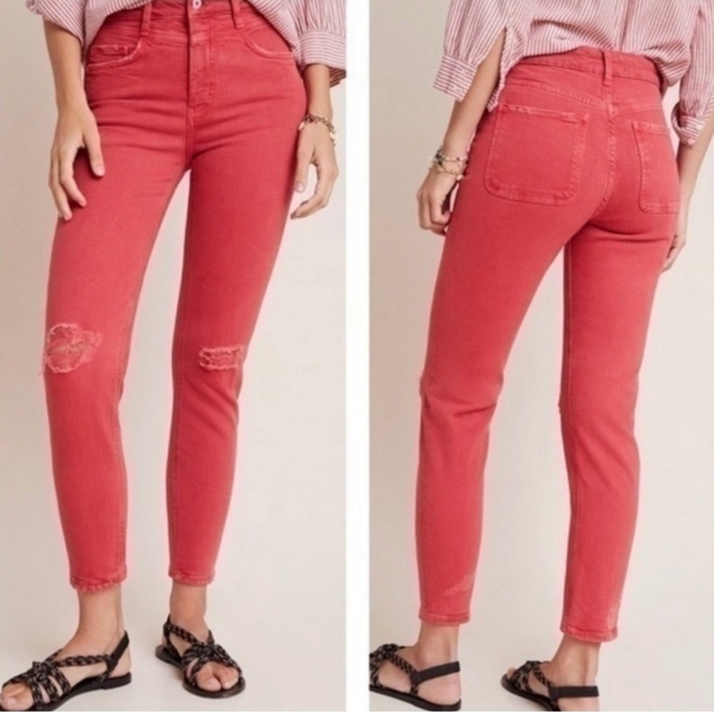 Pilcro Anthropologie Thrashed Ultra High Rise Slim Straight Jeans Red Size 27
